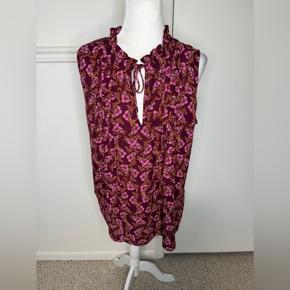 Loft Chic Purple Floral Tie Neck Top XL